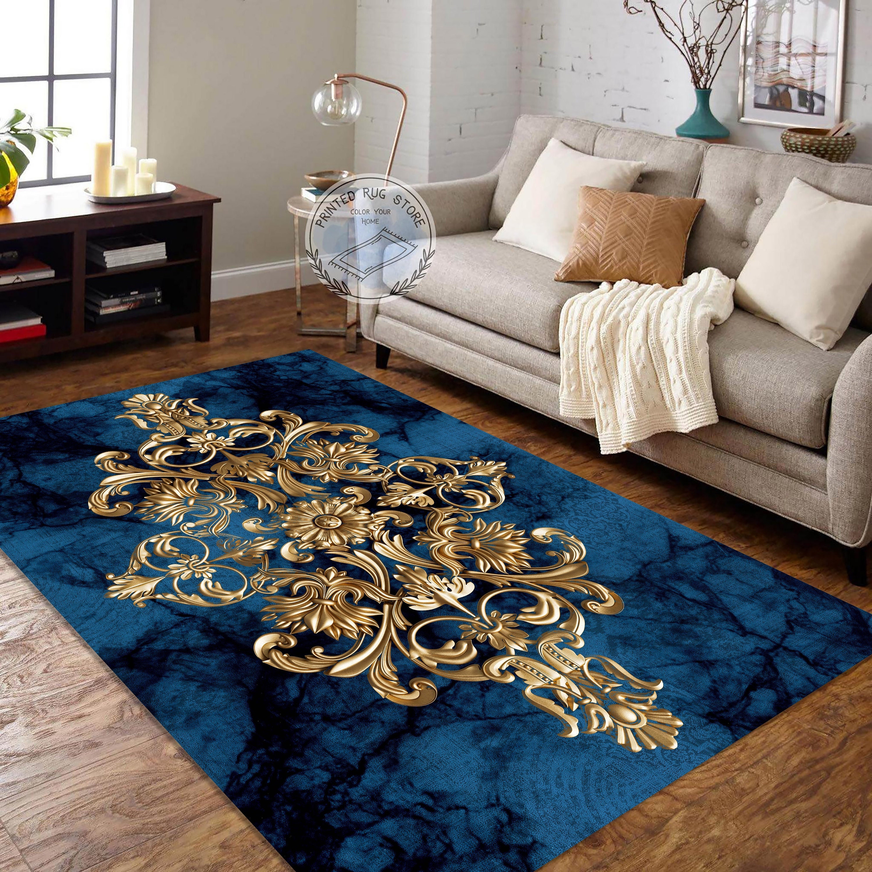 Area Rug featuring Blue Marble Background and Damask