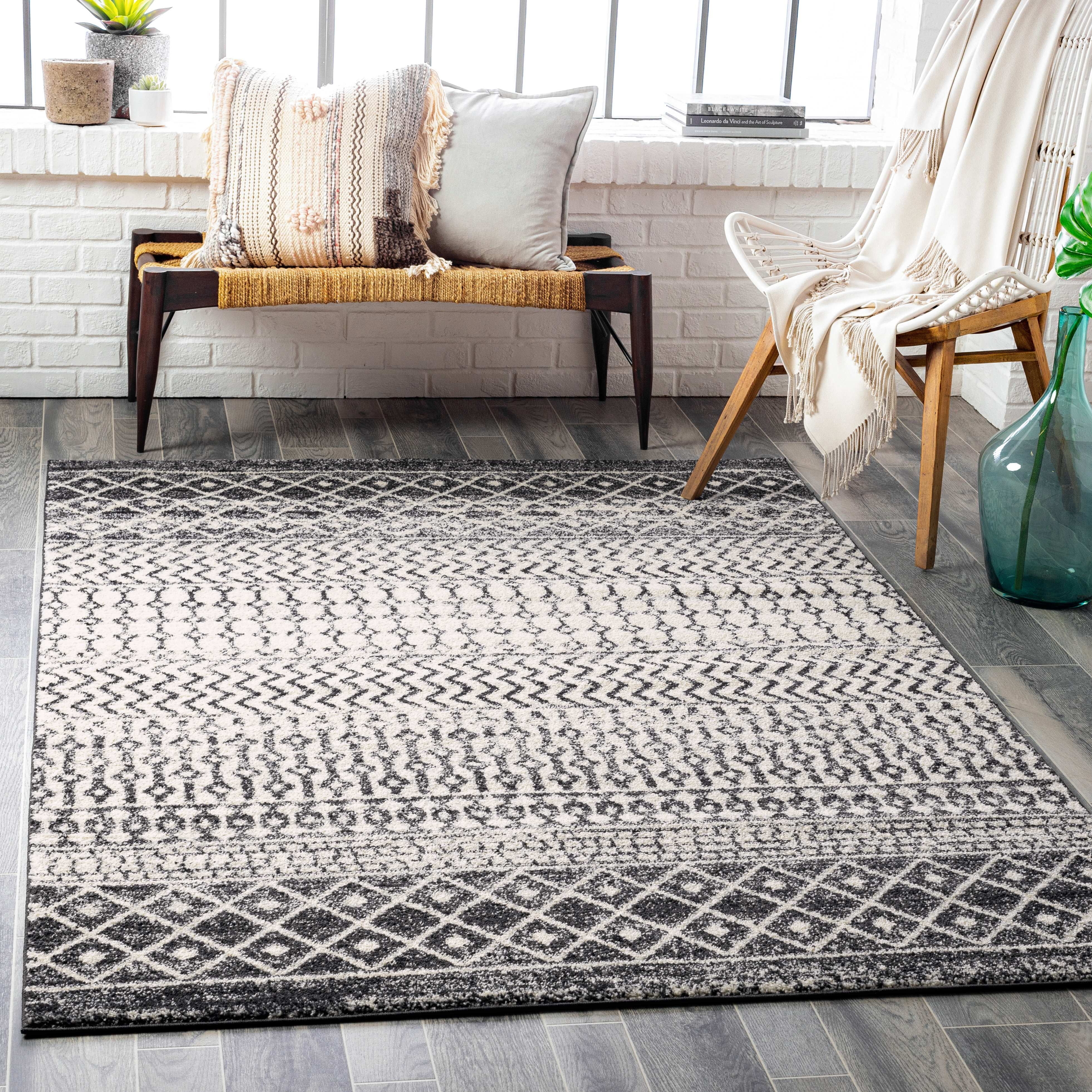 Area Rug: Geometric Bands and Tribal Pattern Monochrome Textile