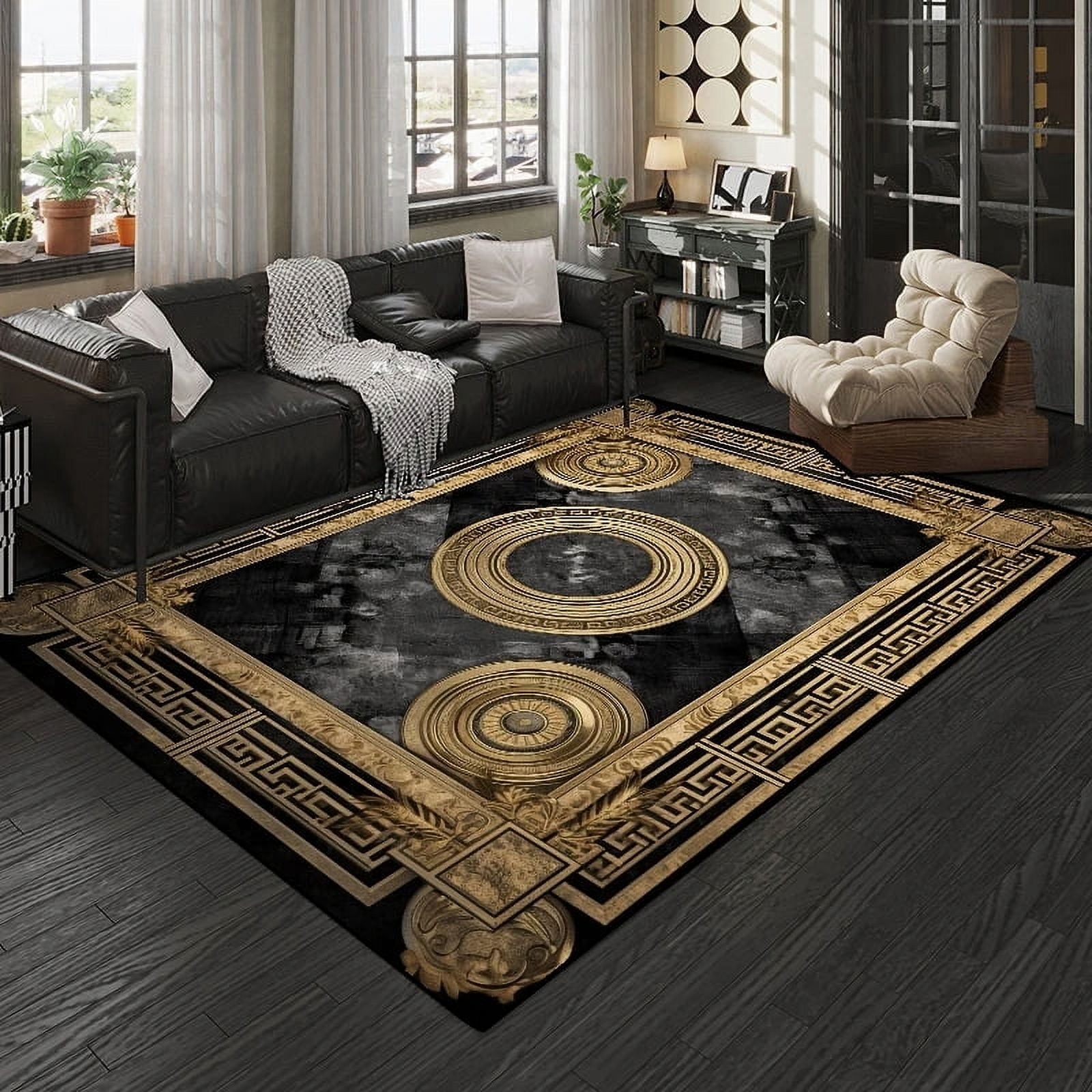 Area Rug Gold Medallion Neoclassical Greek Key