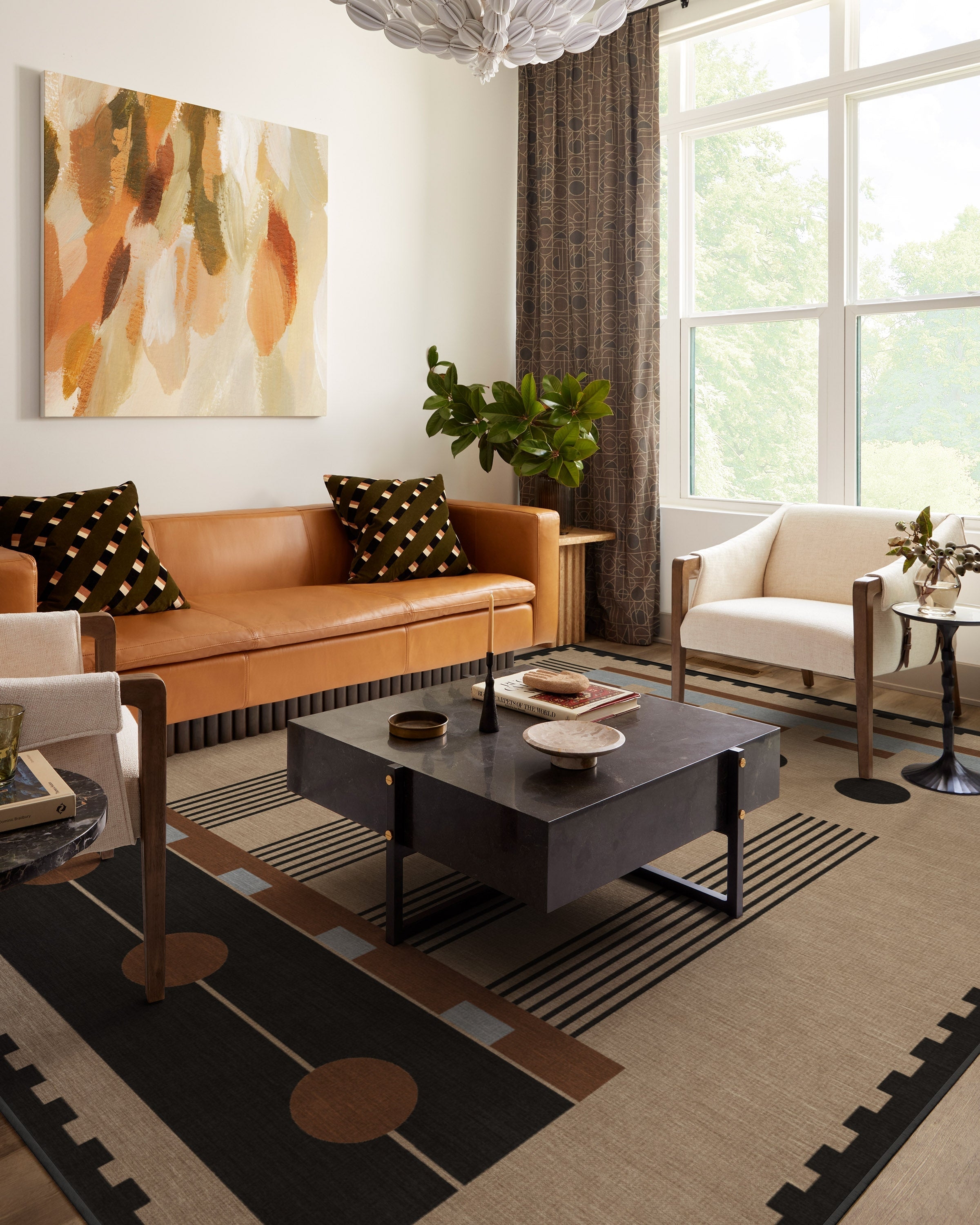 Area Rug Graphic Composition Geometric Black and Tan Rug