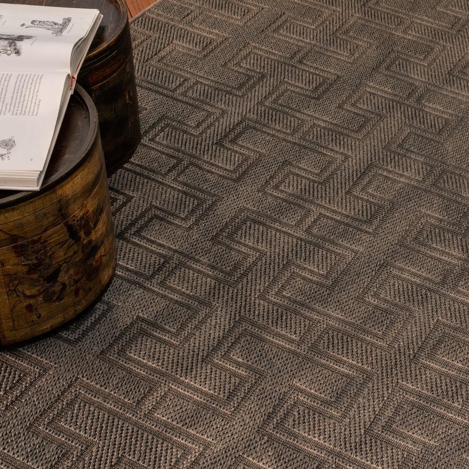 Area Rug Graphite Grey Greek Key Rug with High Low Weave