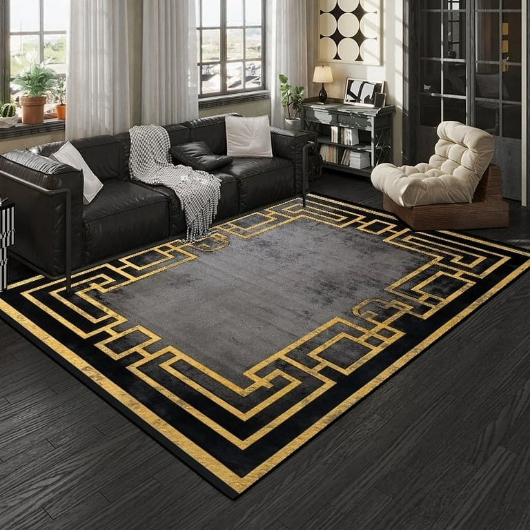 Area Rug Greek Key Border Mottled Grey Center Floor Decor