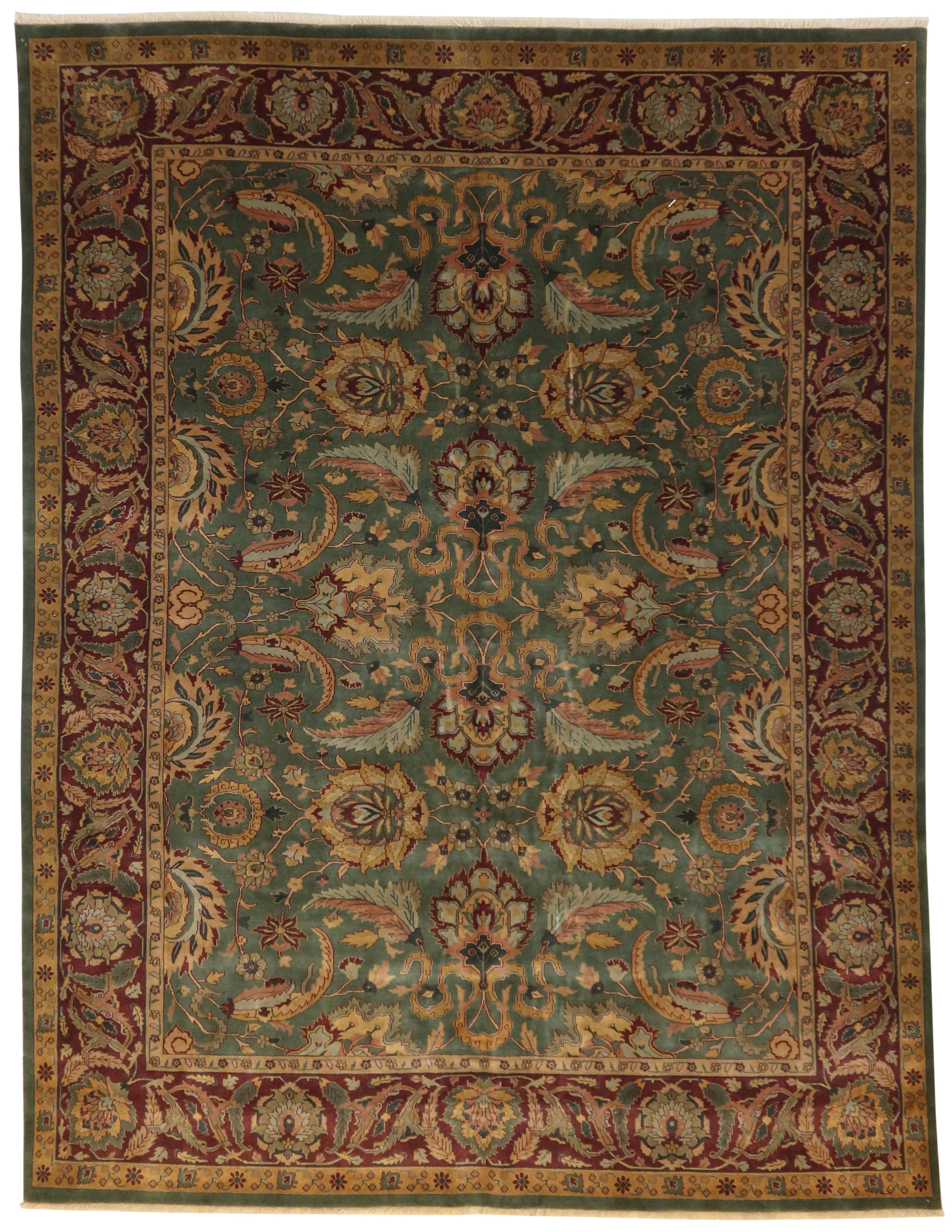 Area Rug Hand-Knotted Burgundy Border Sage Green Oriental Rug