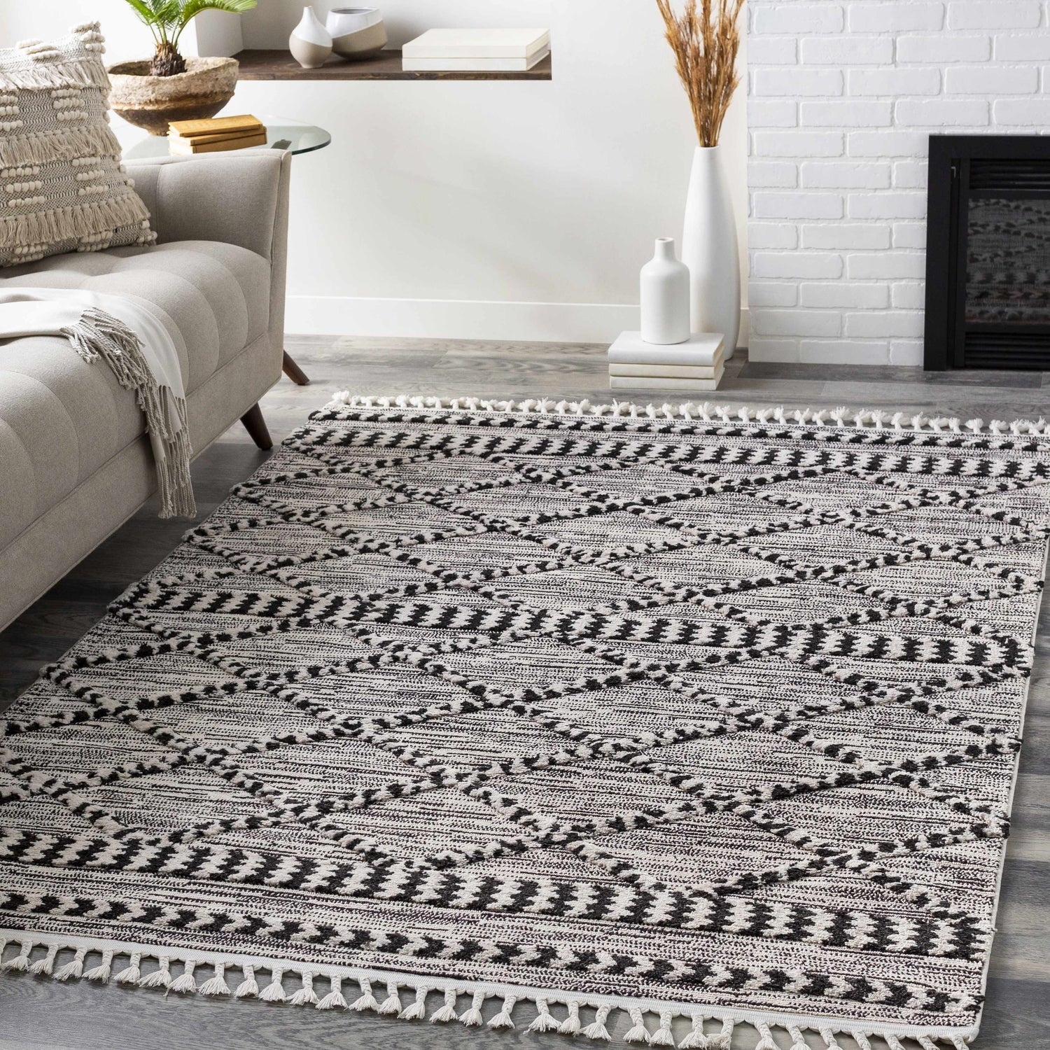 Area Rug: High-Low Pile with Diamond Lattice and Tassel Fringe