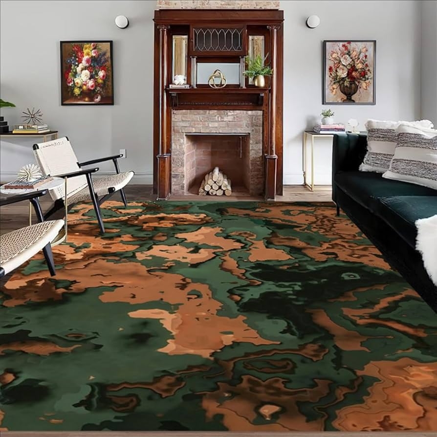 Area Rug Marbled Abstract Pattern Dark Green Orange Rug