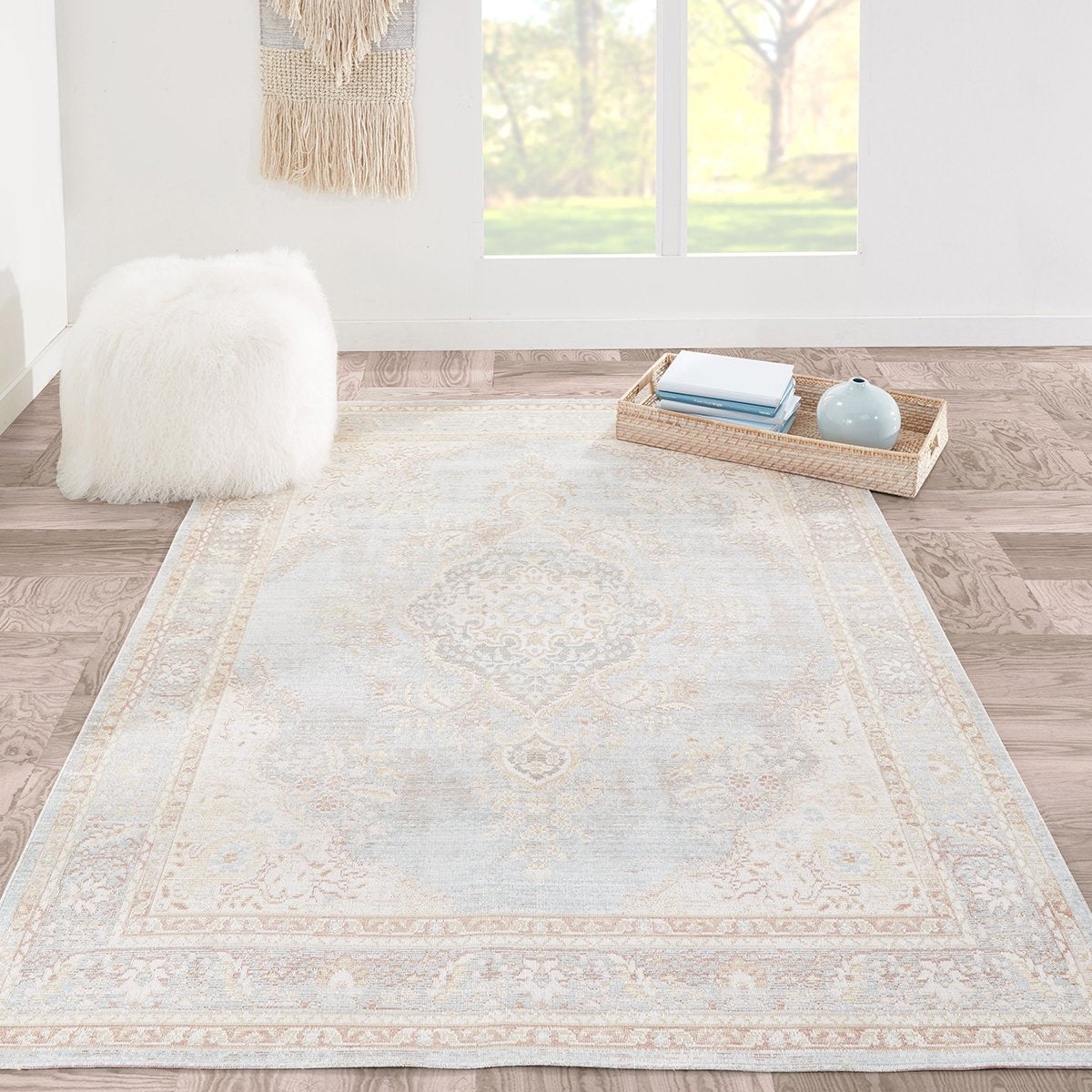 Area Rug Ornate Medallion Pattern Powder Blue Vintage