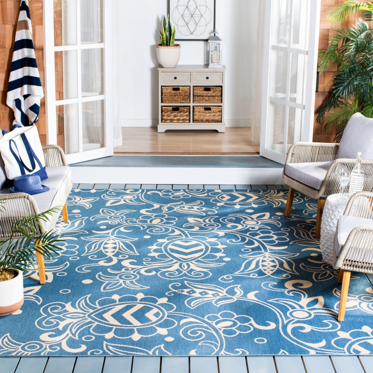 Area Rug Oversized Floral Nautical Blue Outdoor Rug