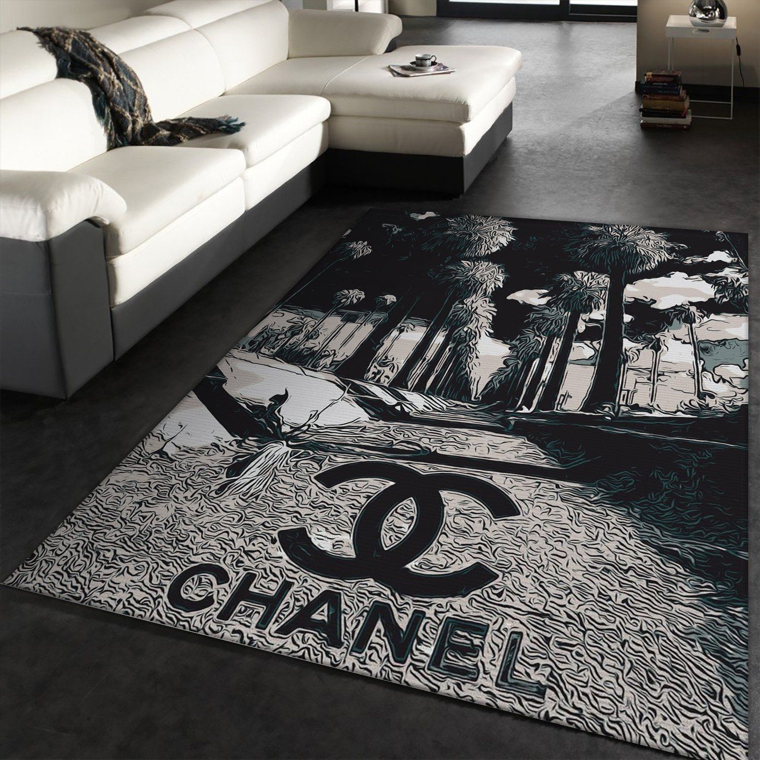 Area Rug Palm Tree Illustration Monochromatic Palm Tree Rug