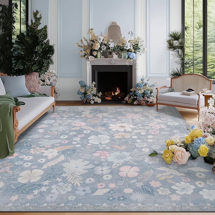 Area Rug Powder Blue Floral Rug Low Pile Garden Design