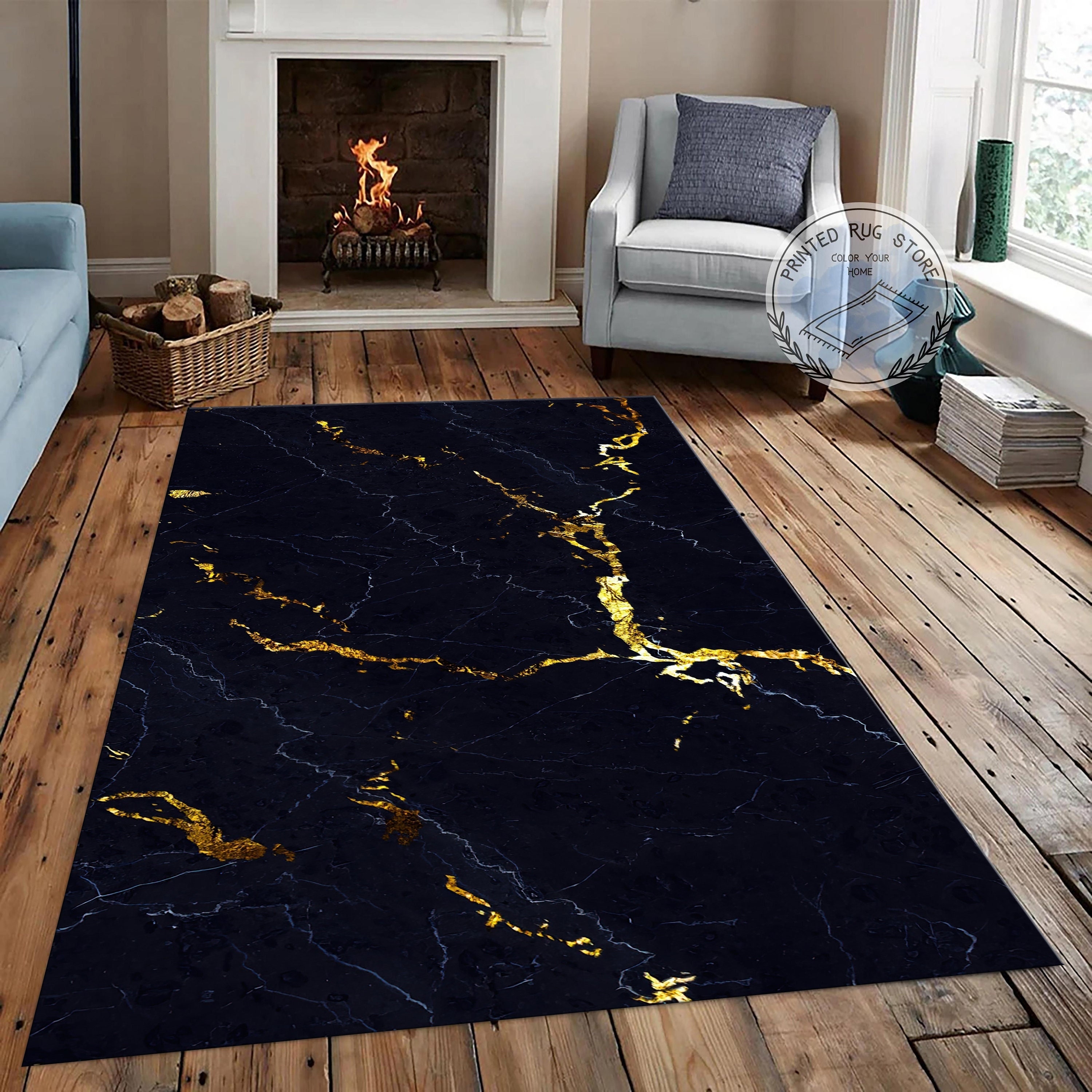 Area Rug Printed Stone Effect Gold Marble Vein Carpet
