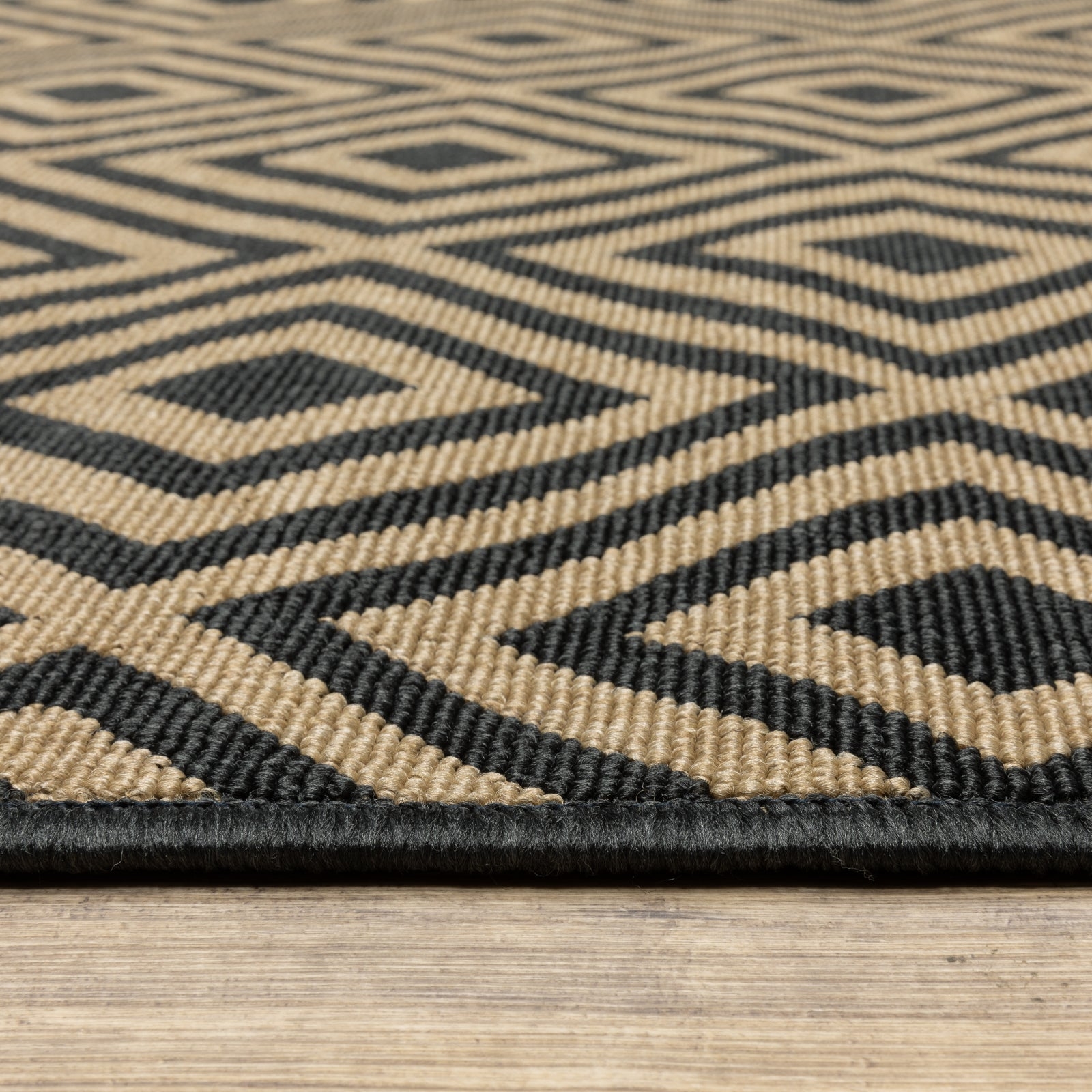 Area Rug Ribbed Texture Woven Fiber Black Tan Diamond Rug