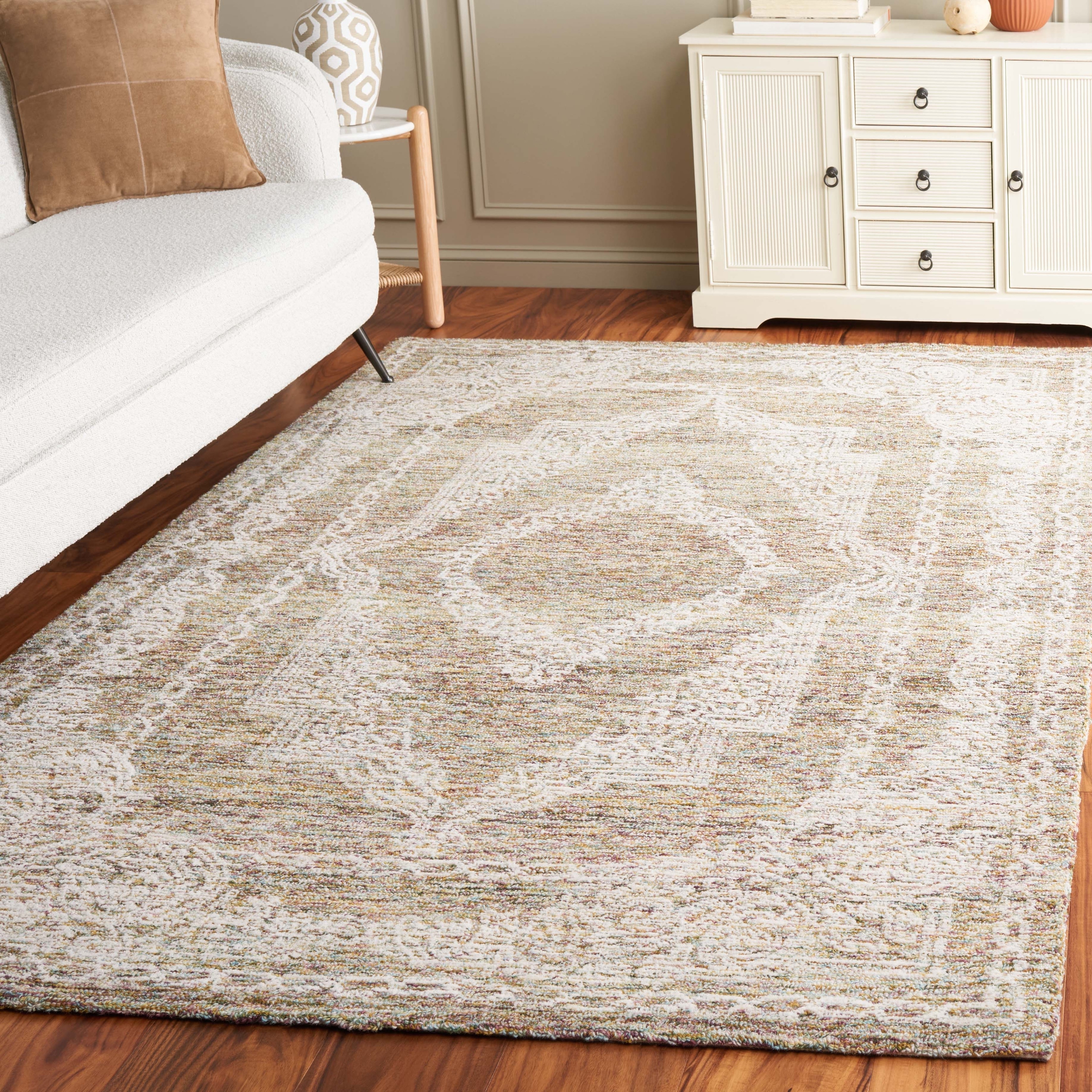 Area Rug Sage Green and Ivory Wool Rug Distressed Motif