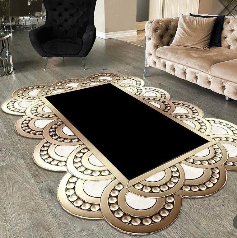 Area Rug Scalloped Edge Gold and Black Luxury Carpet