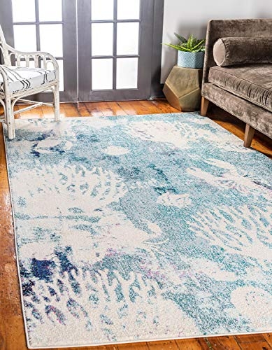 Area Rug Sea Life Pattern Distressed Teal Nautical Rug