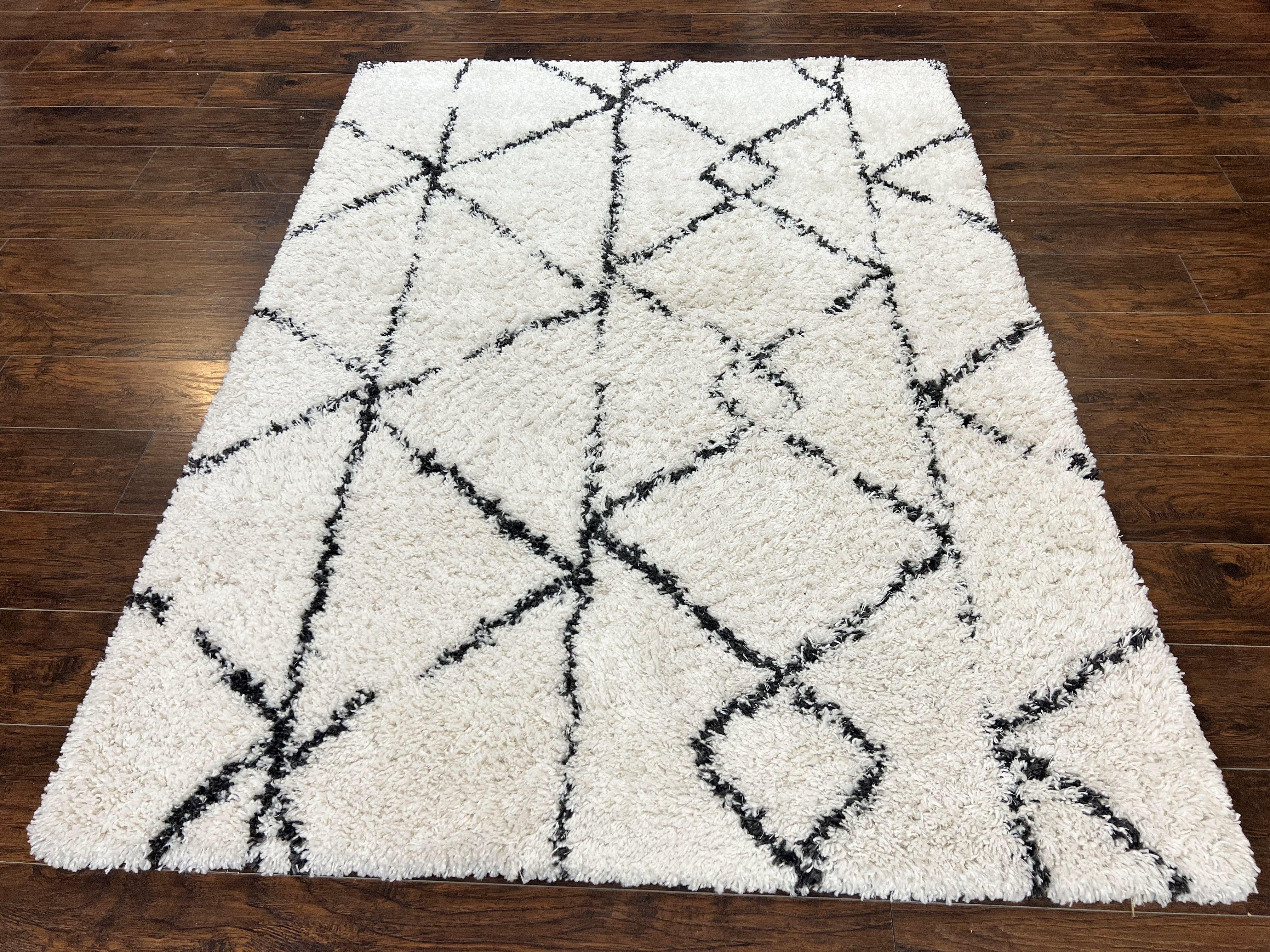 Area Rug: Shag Texture with Ivory Base and Geometric Linear Detail