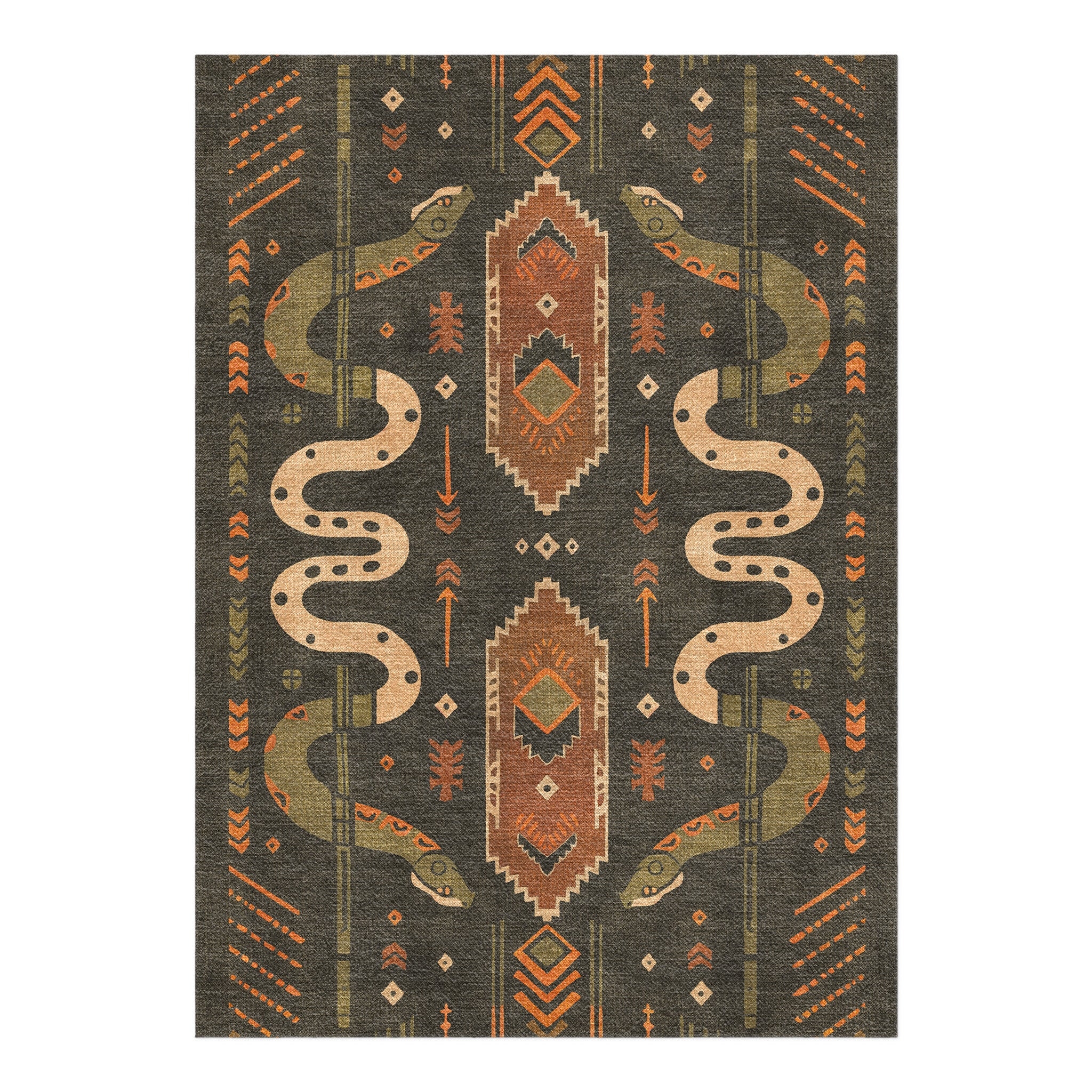 Area Rug Snake Motif Symmetrical Southwestern Tribal Rug
