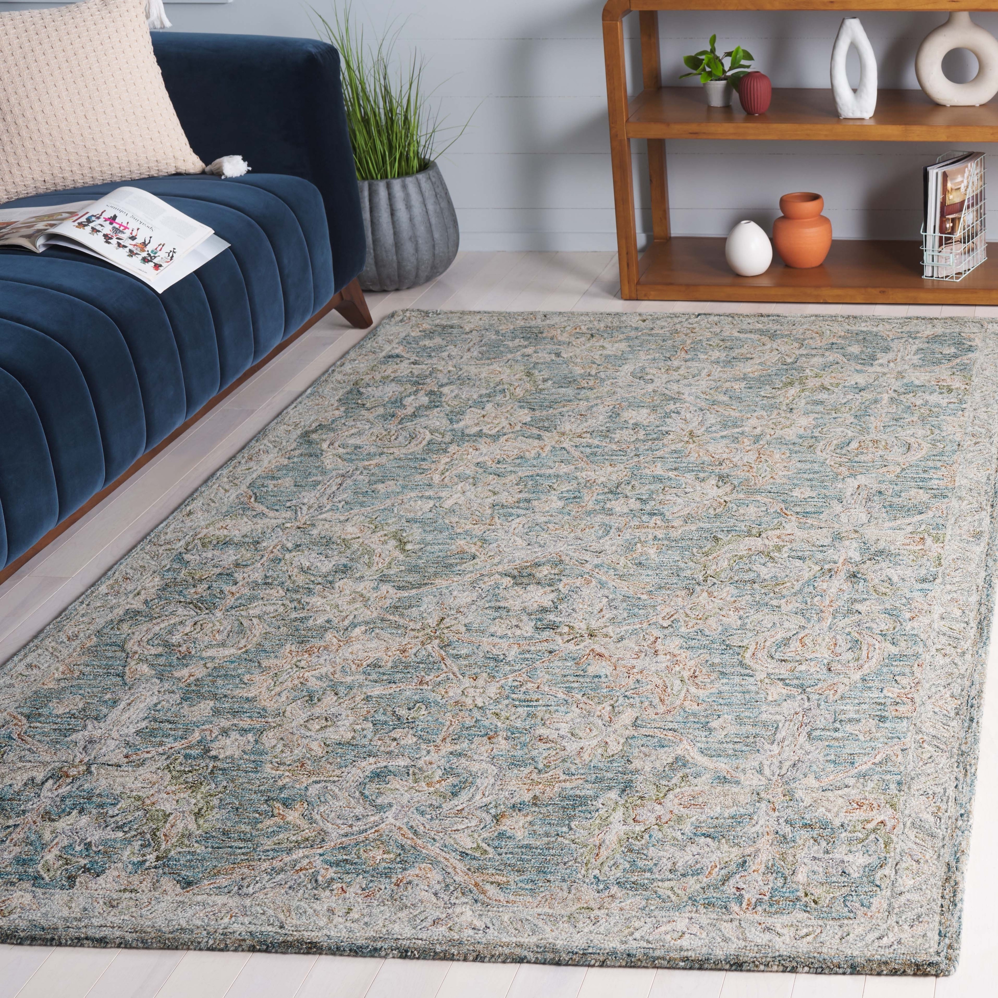 Area Rug Teal French Country Rug Muted Floral Scrollwork