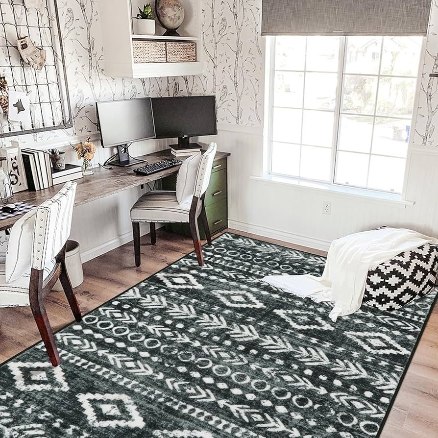 Area Rug: Tribal Print Low Pile Moroccan Inspired Monochrome Decor