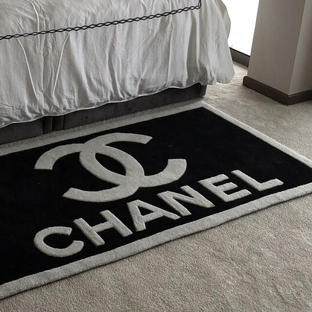 Area Rug Typographic Detail Black and White Chanel Carpet