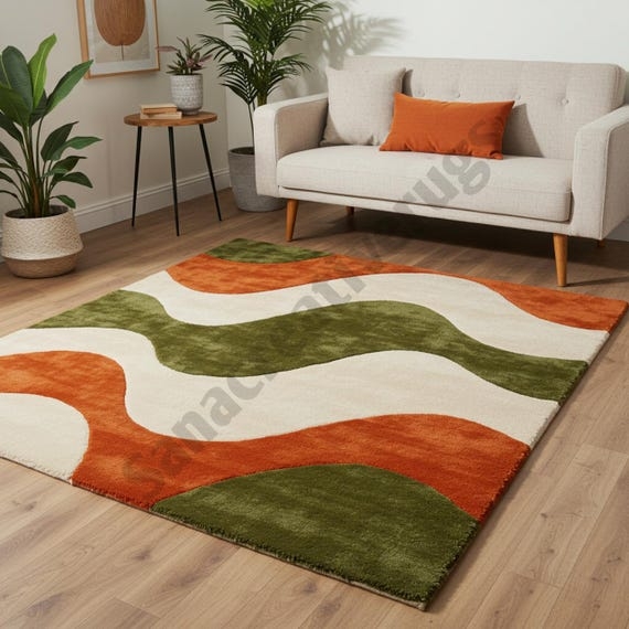 Area Rug Wavy Abstract Burnt Orange Olive Mid-Century Rug