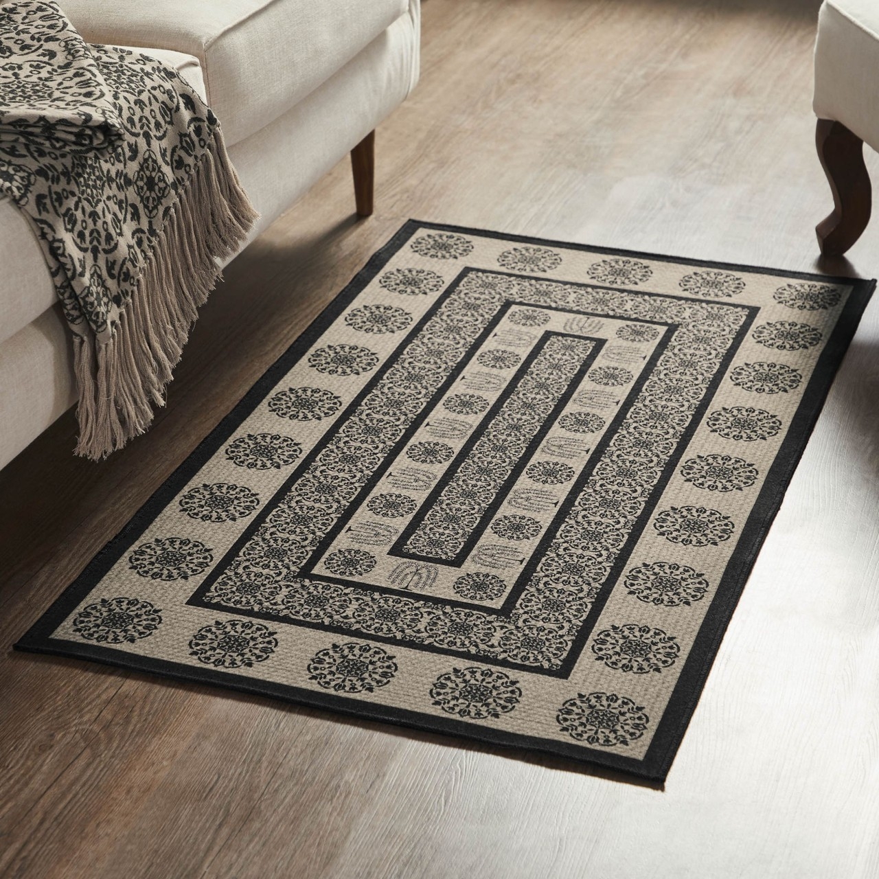 Area Rug Willow Tree Motifs Woven Black Tan Jacquard Rug