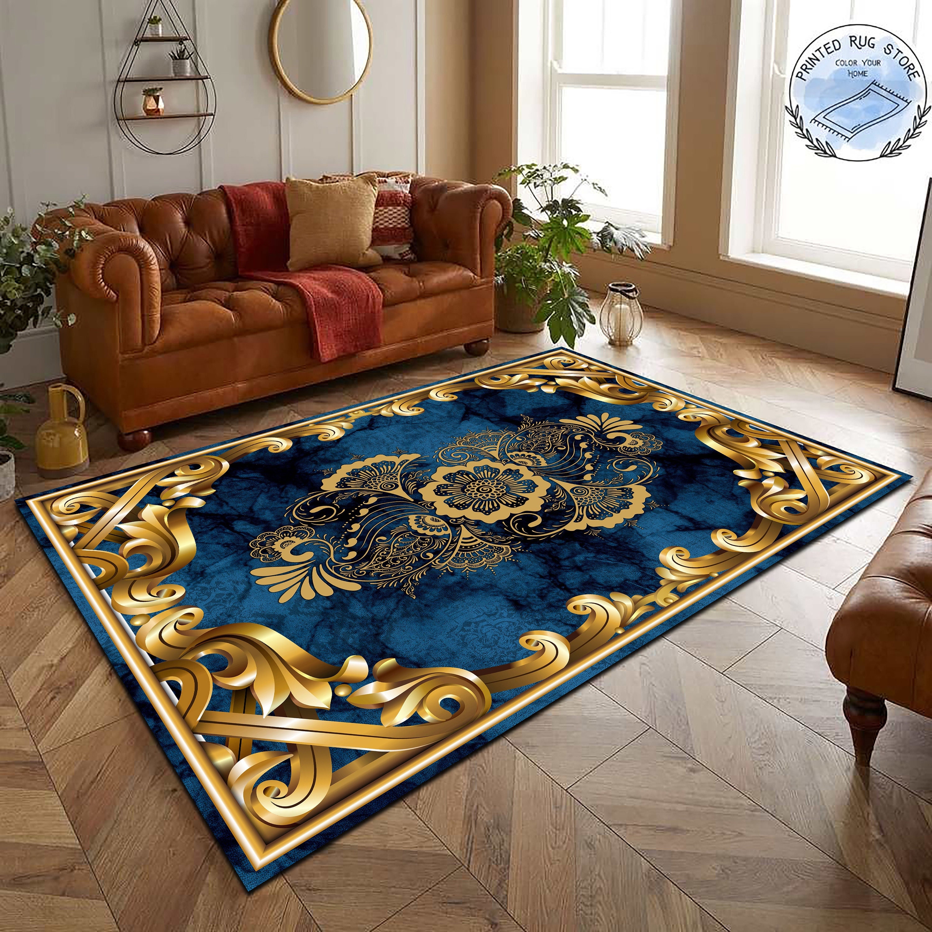 Area Rug with 3D Effect Gold Border and Navy Marble