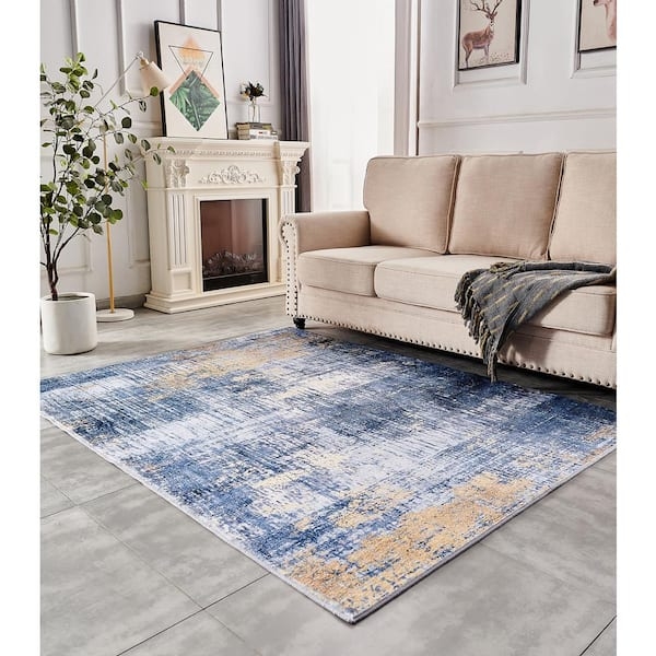 Area Rug with Abstract Painterly Design in Navy