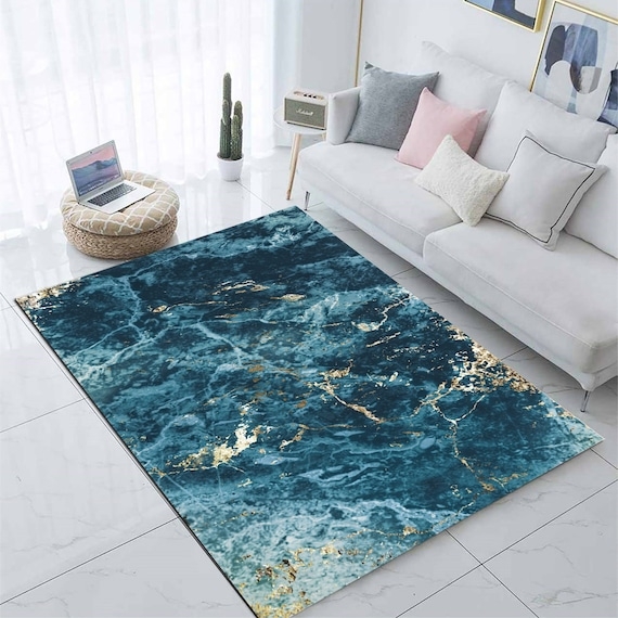 Area Rug with Deep Indigo Contrast and Gold Marble