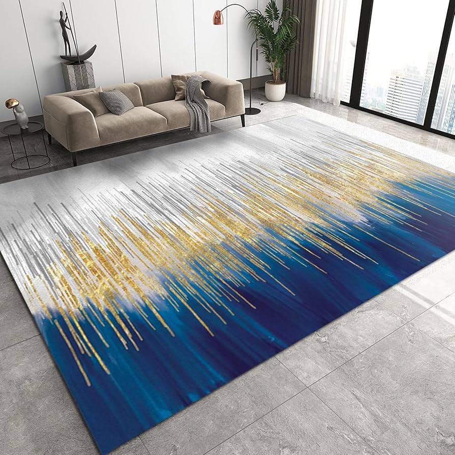 Area Rug with Gold Streak Pattern and Navy Gradient