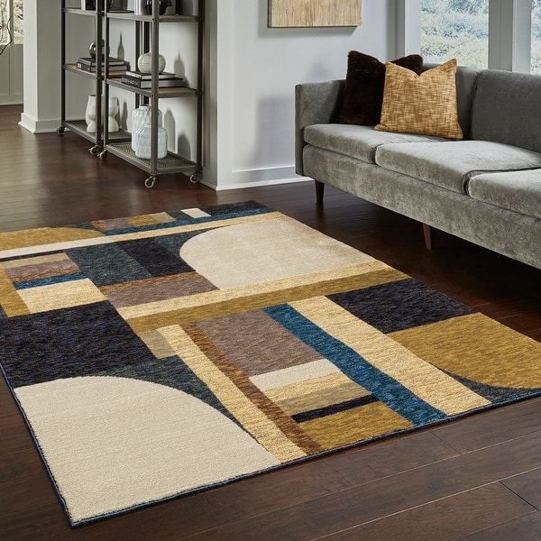 Area Rug with Overlapping Geometric Arcs in Mustard