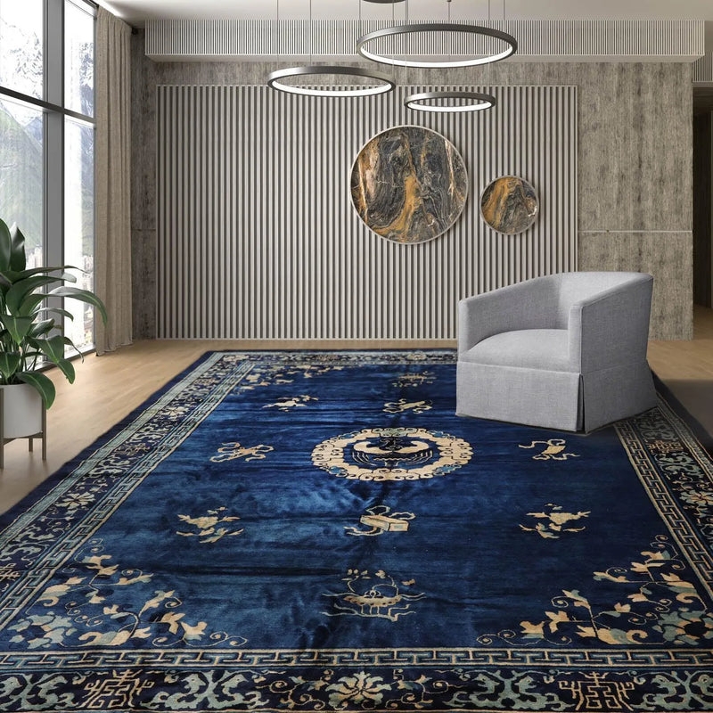 Area Rug with Royal Blue Base and Greek Key Border