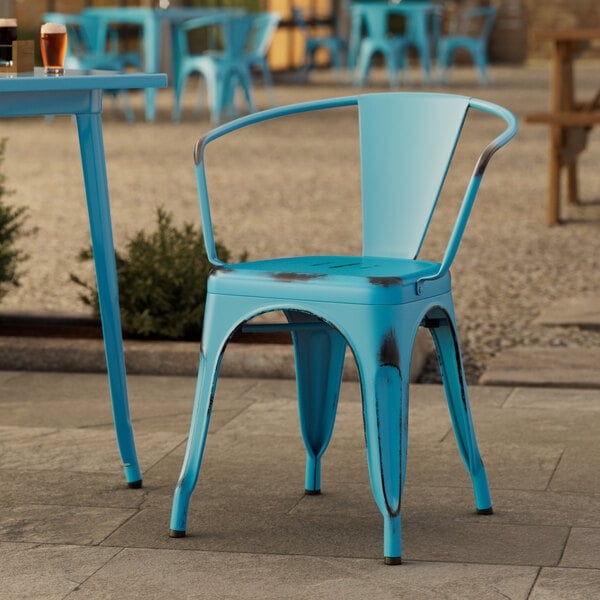 Armchair Distressed Turquoise Metal Frame Weathered Edge Patina