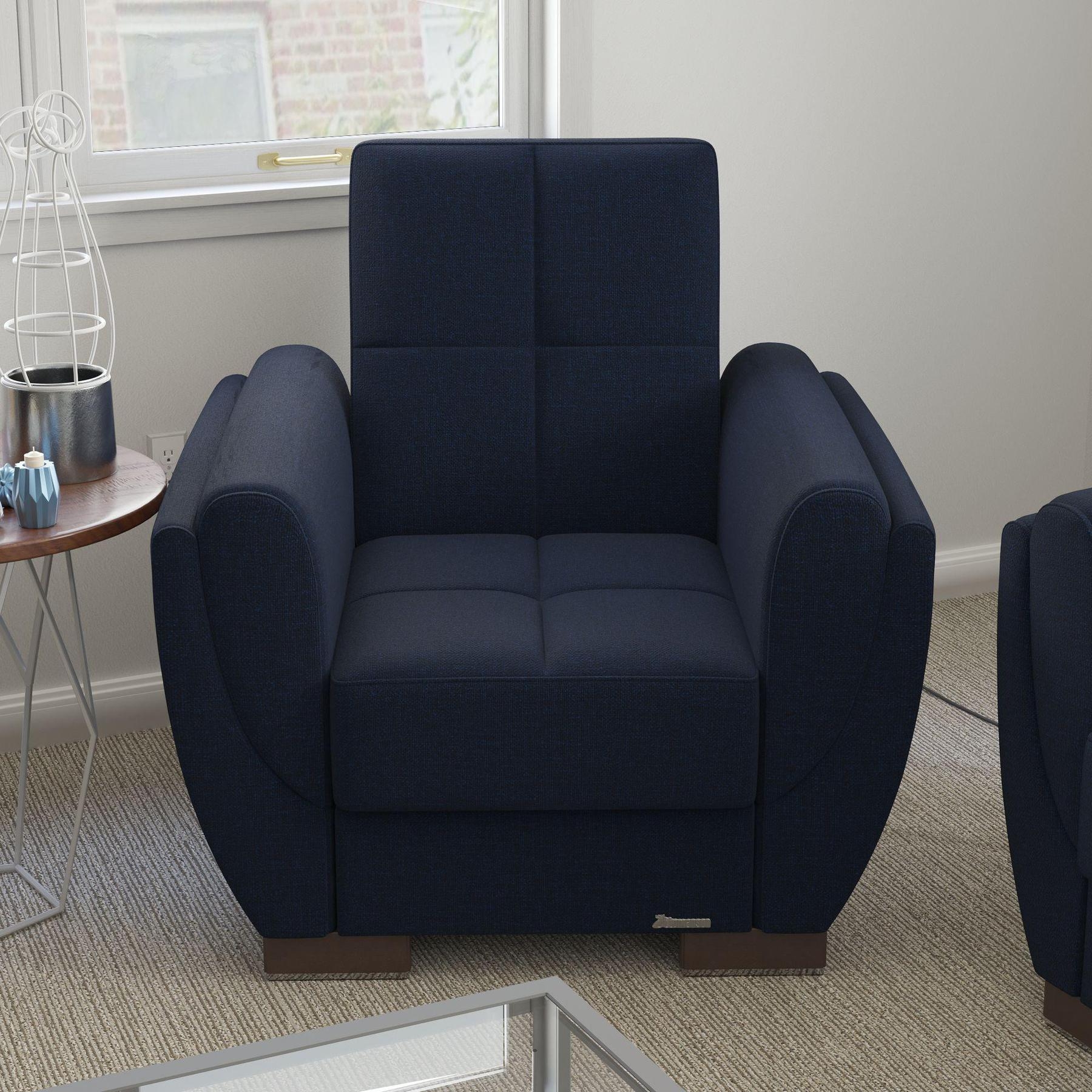 Armchair Square Tufted Accent Chair in Navy Denim Fabric