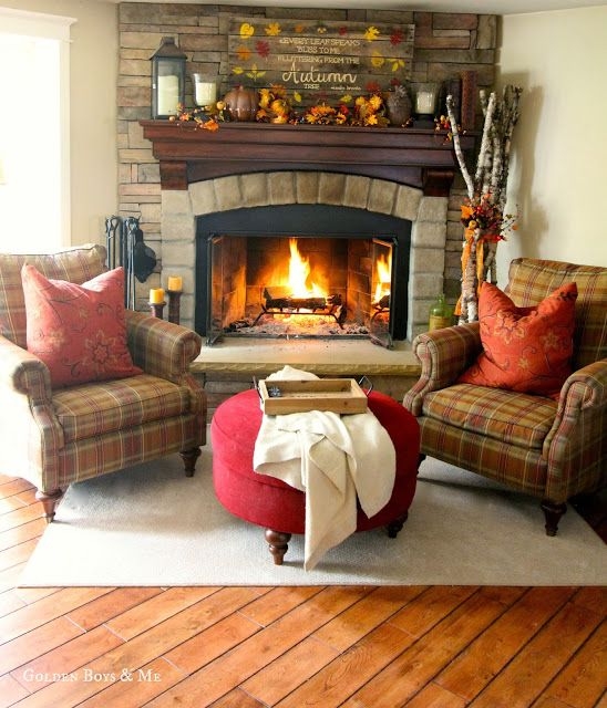 Armchair with Plaid Fabric for Rustic Stone Fireplace Decor