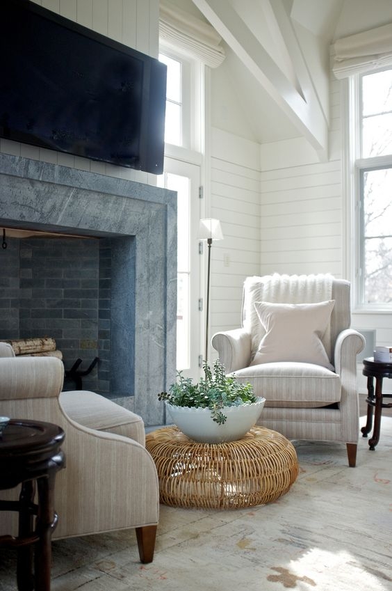 Armchair with Rattan Ottoman for a Modern Farmhouse Nook