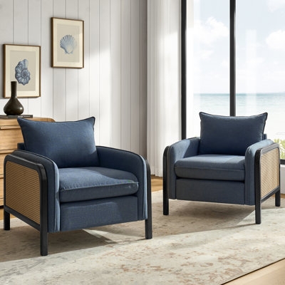 Armchair Woven Rattan Arms Matte Black Coastal Blue Armchairs