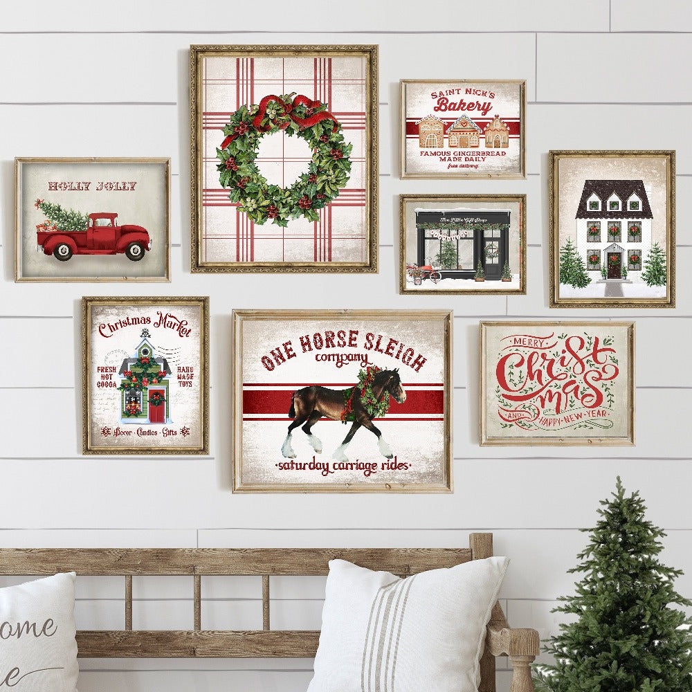 Art Gallery Set: Vintage Holiday Illustrations with Wood Frames