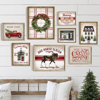 Art Gallery Set: Vintage Holiday Illustrations with Wood Frames