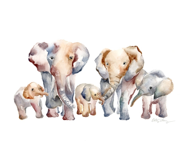Art Print Muted Elephant Family Watercolor Nursery Decor
