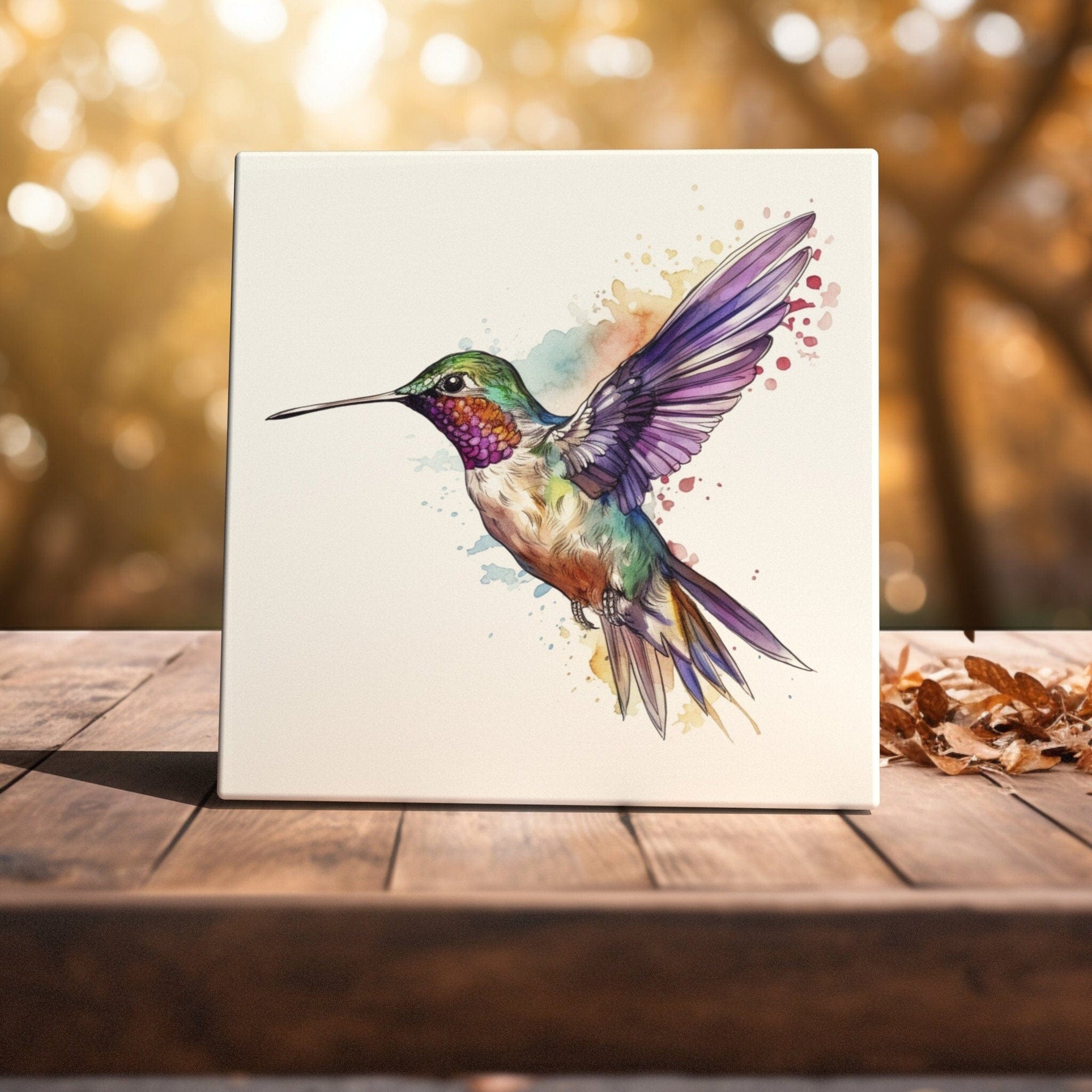 Art Tile: Square Ceramic Watercolor Hummingbird Boho Accent Piece