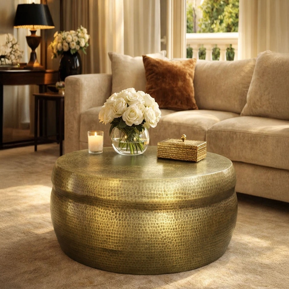 Artisanal Textured Coffee Table in Antique Brass Finish