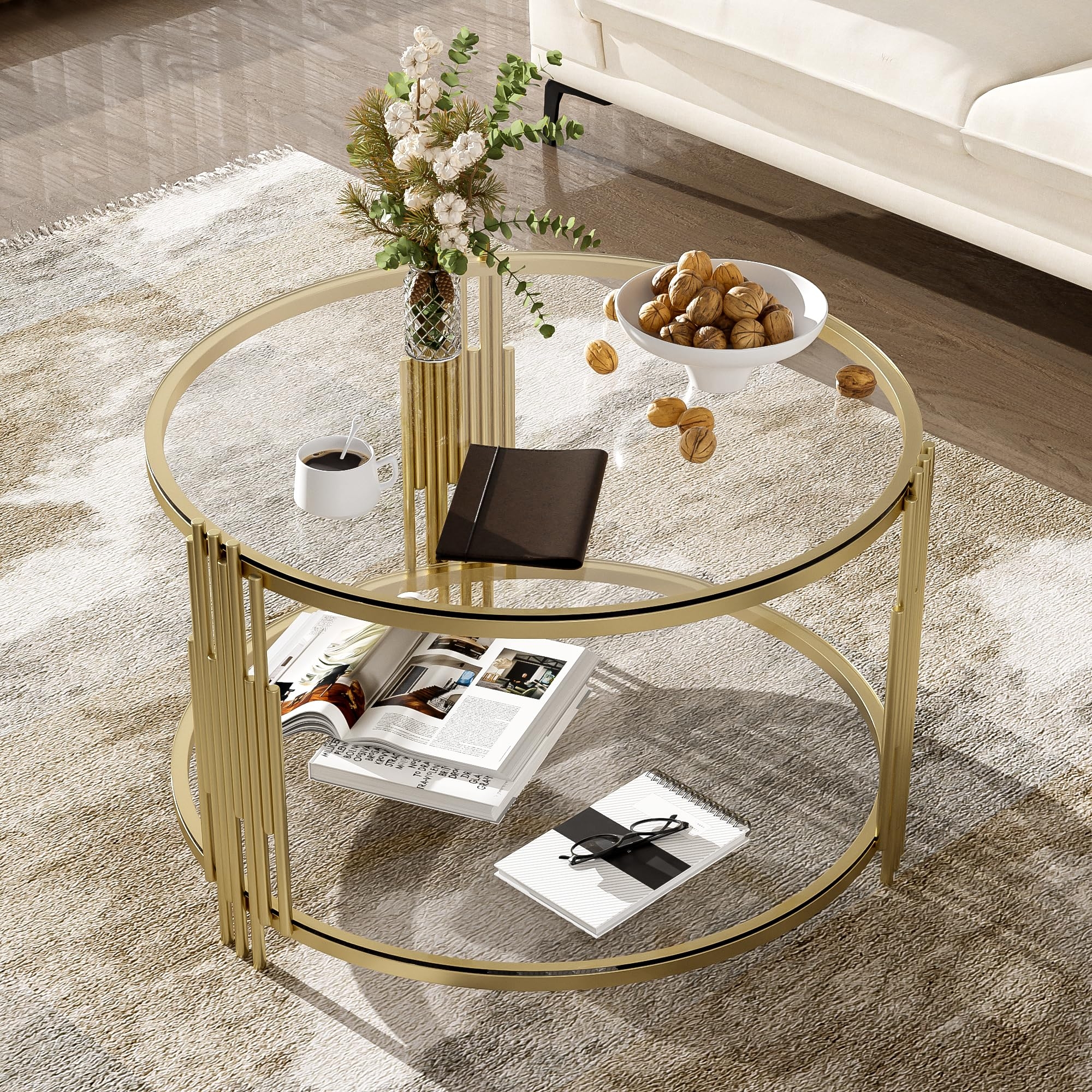 Asymmetrical Gold Table with Two Tier Glass Drum Base