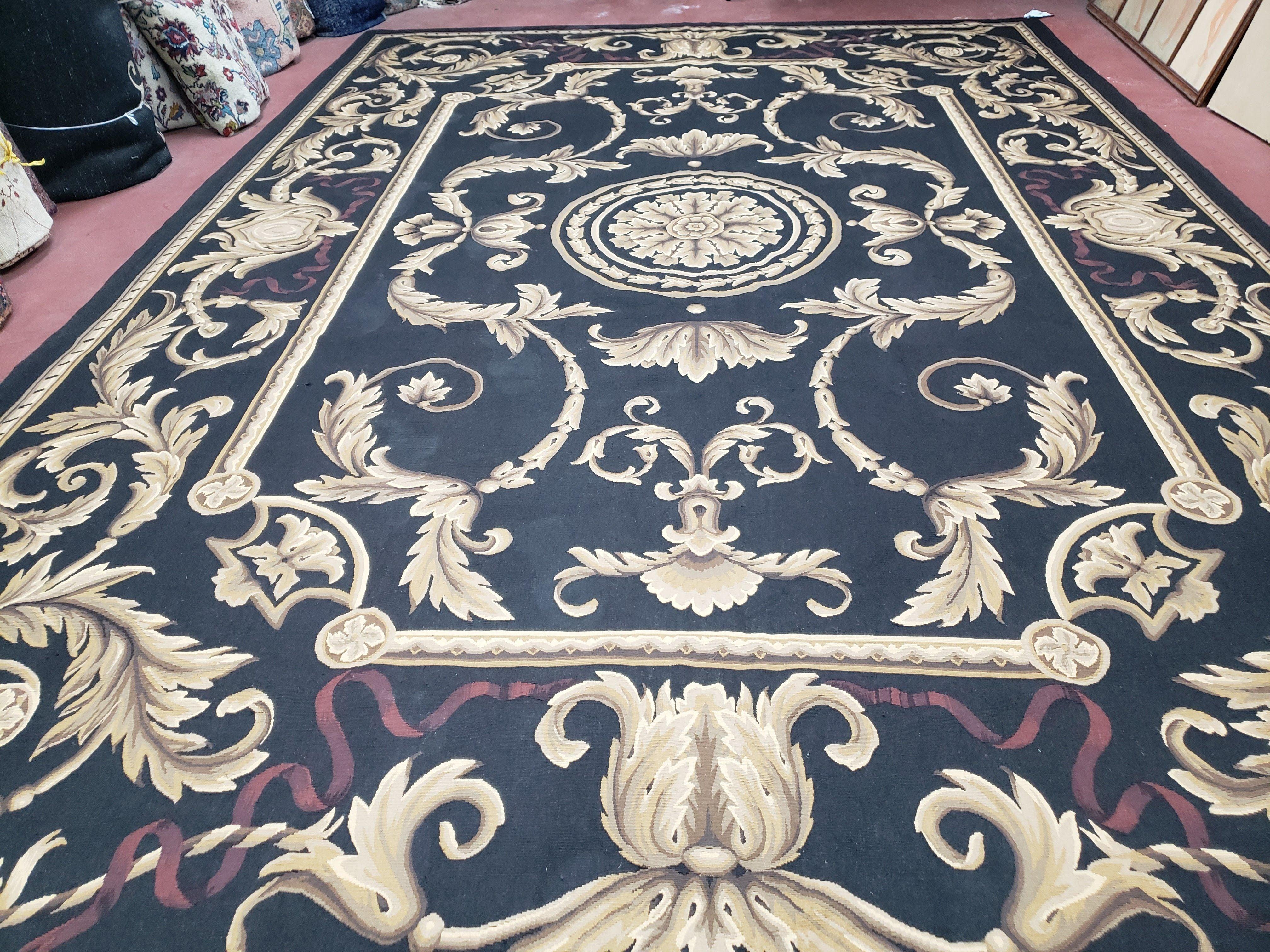 Aubusson Rug Charcoal Ground Traditional Scrolling Leaf Rug