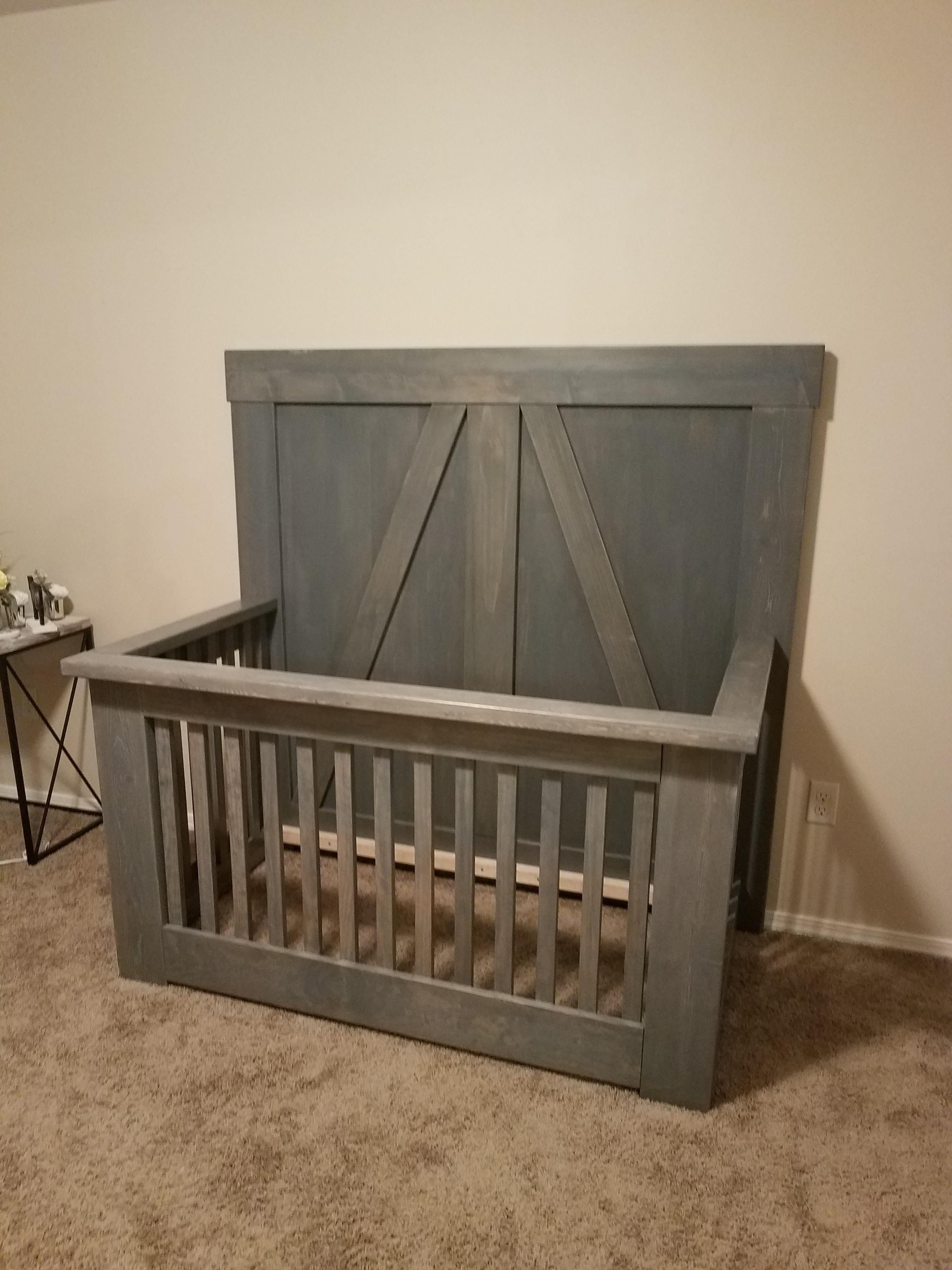 Baby Crib featuring Weathered Grey Stain, Barn Door Style