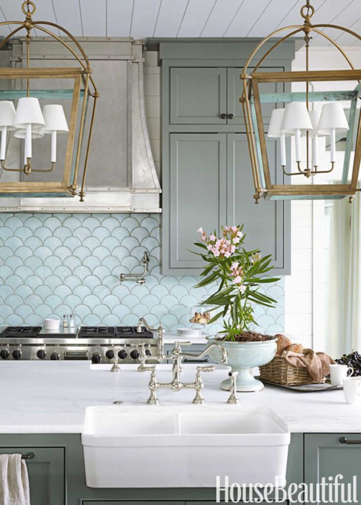 Backsplash Fish Scale Pattern and Sage Green Kitchen Cabinets