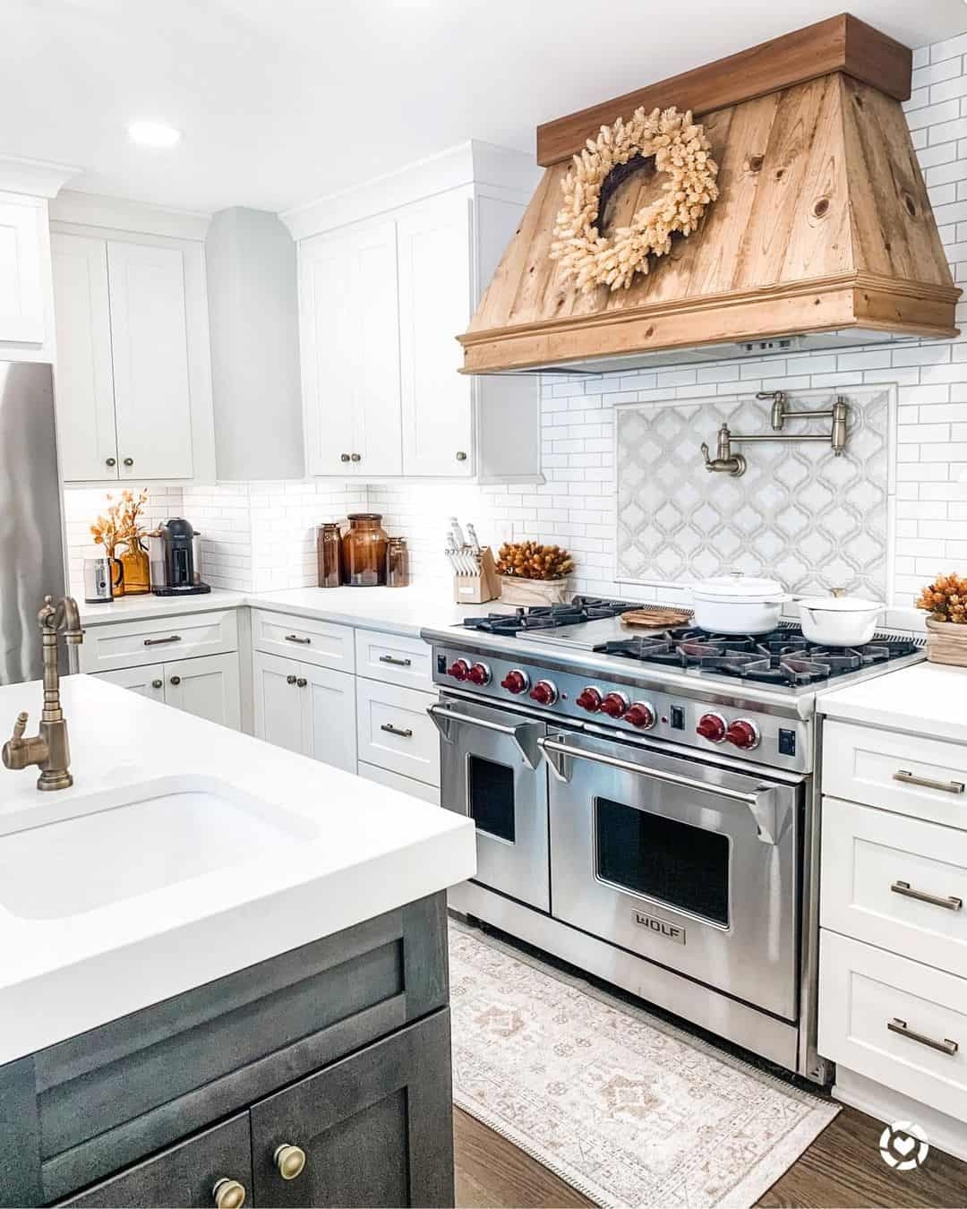 Backsplash Tile Arabesque Accent Insert and Rustic Wood Hood