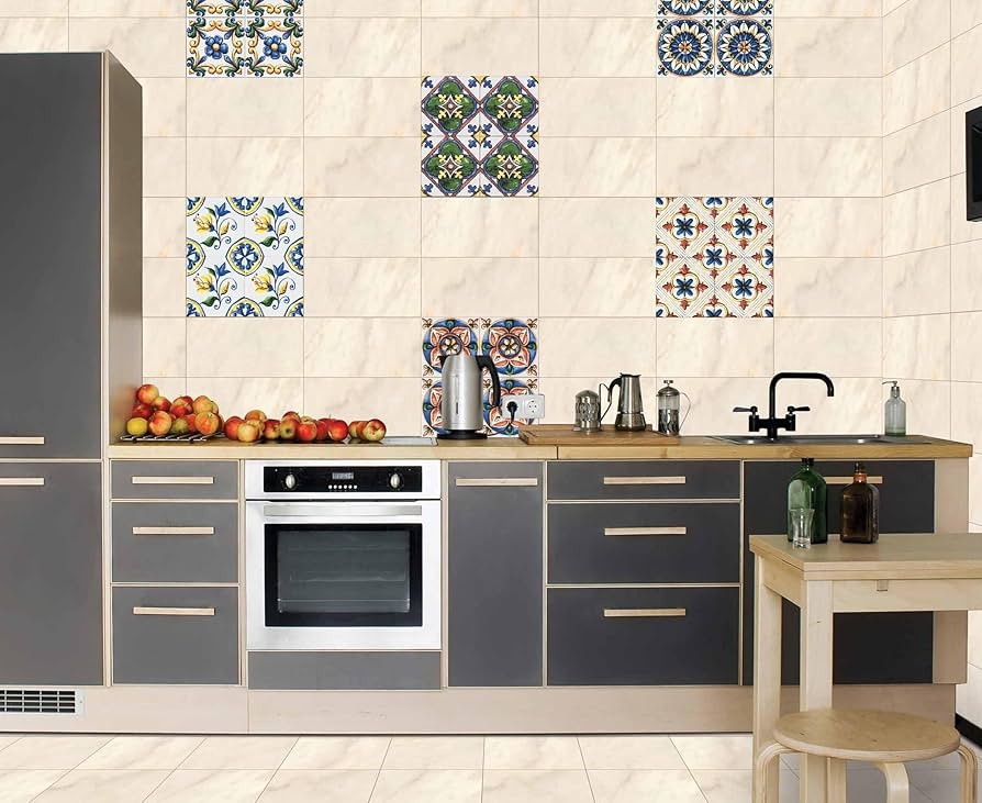 Backsplash Tile Mexican Accent Pattern with Charcoal Cabinets