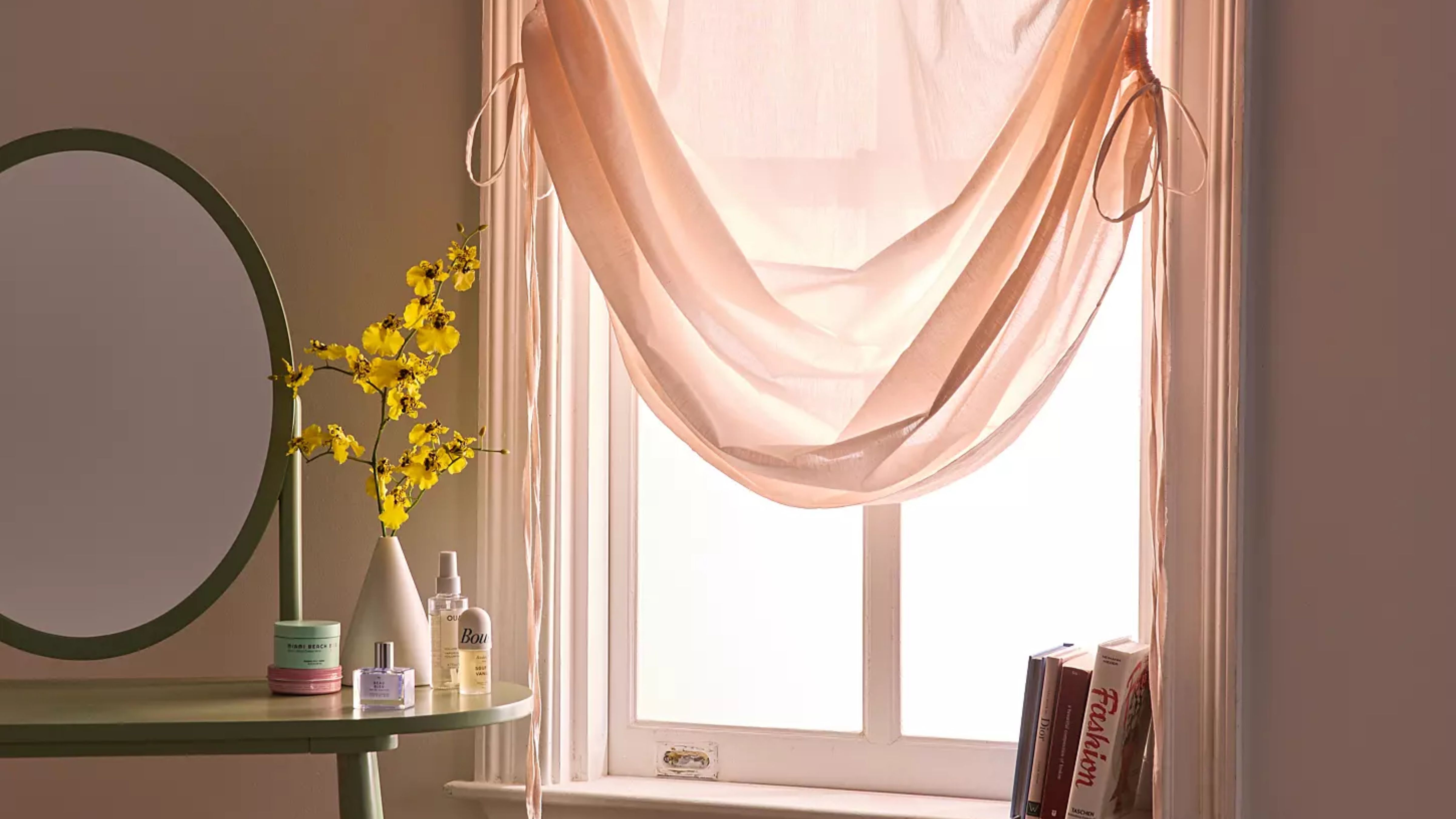 Balloon Curtain: Apricot Peach Sheer Tie Up Straps Window Decor