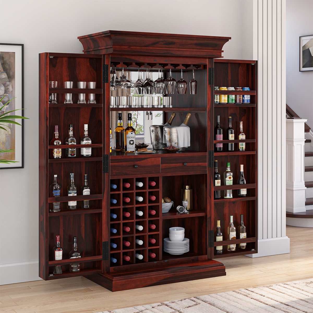 Bar Cabinet featuring 15 Bottle Wine Grid and Mirror Back
