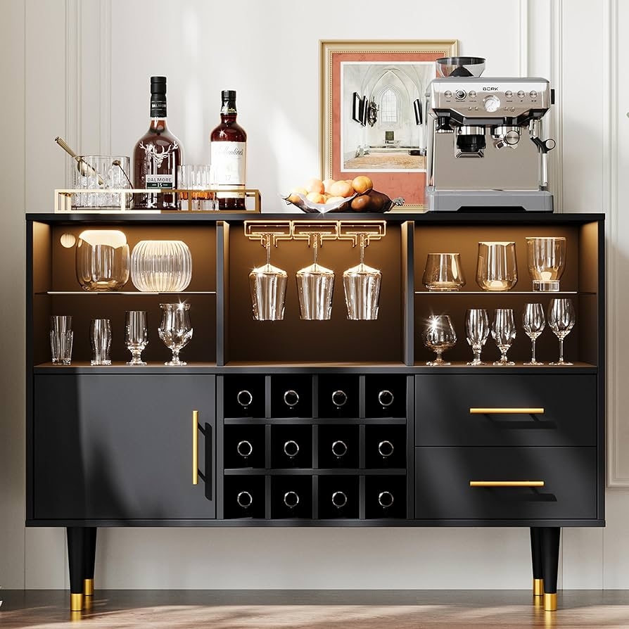 Bar Cabinet in Matte Black Wood with Gold Accent Legs